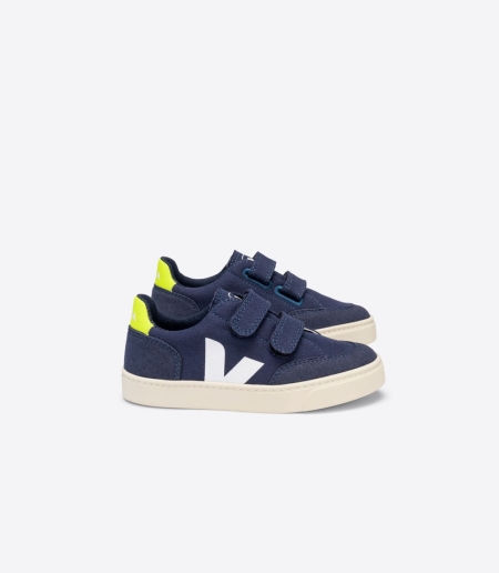 Kids Veja V-12 Velcro Canvas Trainers Navy/Yellow ireland IE-7508OY